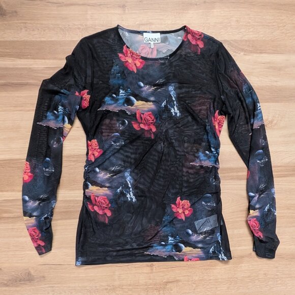 GANNI Mesh Print Long Sleeve Blouse Size 42 Sheer Floral Graphic Top - Picture 1 of 7